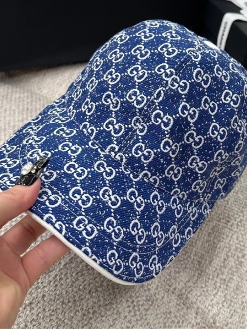 Double G Designer Denim Blue Jean Monogram Logo Baseball Hat Cap